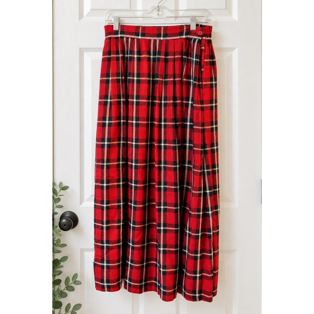 Vintage The Eagle's Eye Red Tartan Plaid Wool Pleated Maxi Skirt M USA